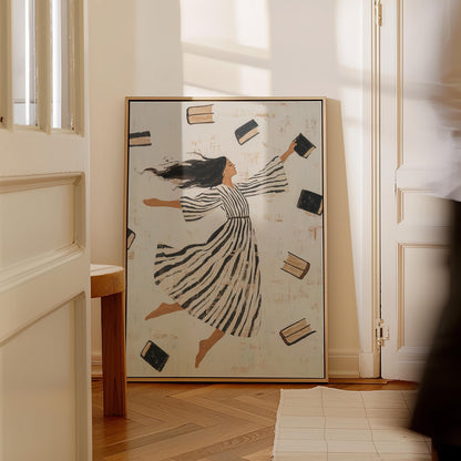 Whimsical Woman Reading Canvas Wall Art with Floating Frame Feminine Abstract Figurative Print for Living Room