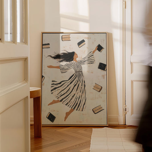 Whimsical Woman Reading Canvas Wall Art with Floating Frame Feminine Abstract Figurative Print for Living Room