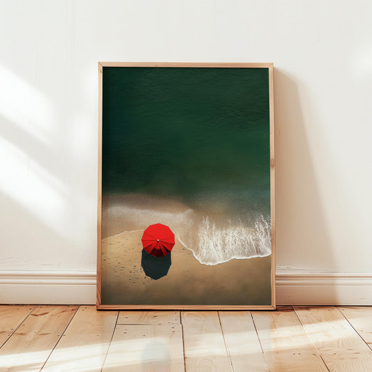 Minimalist Beach Print - Red Umbrella Coastal Wall Art | Modern Coastal Design