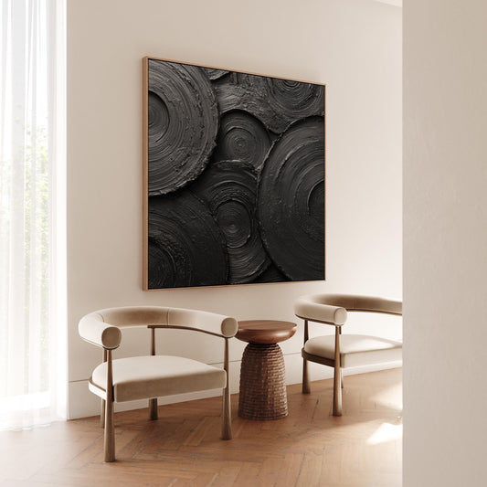 Black Textured Canvas Wall Art: Large Square Abstract Circles Painting, Modern Minimalist Framed Artwork for Living Room