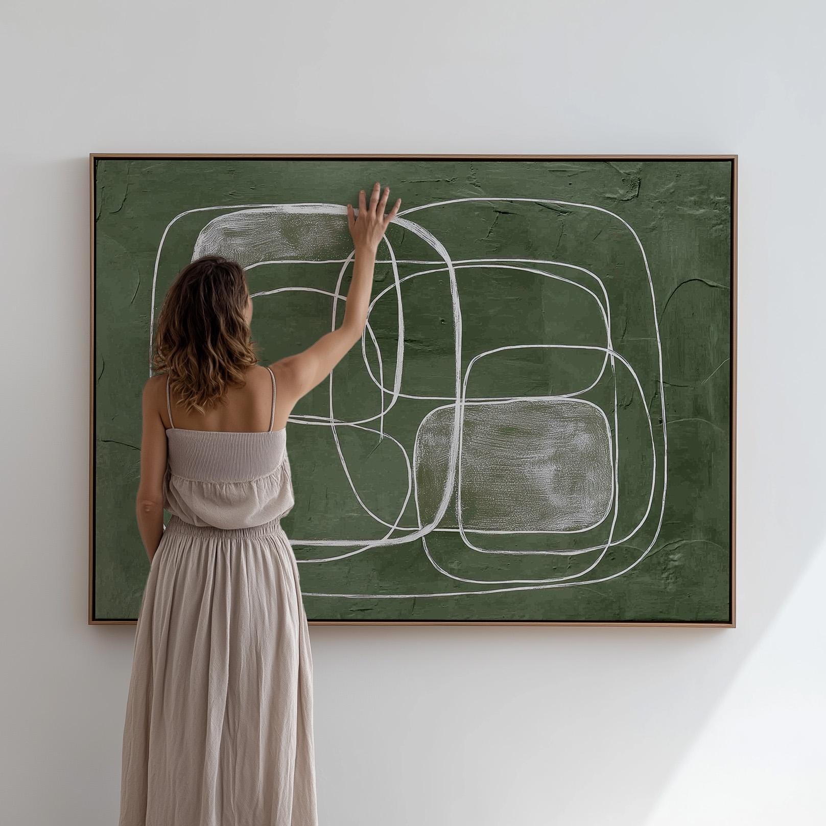 Green Abstract Line Giclée Canvas Print Textured Minimal Wall Art for Living Room or Office Decor