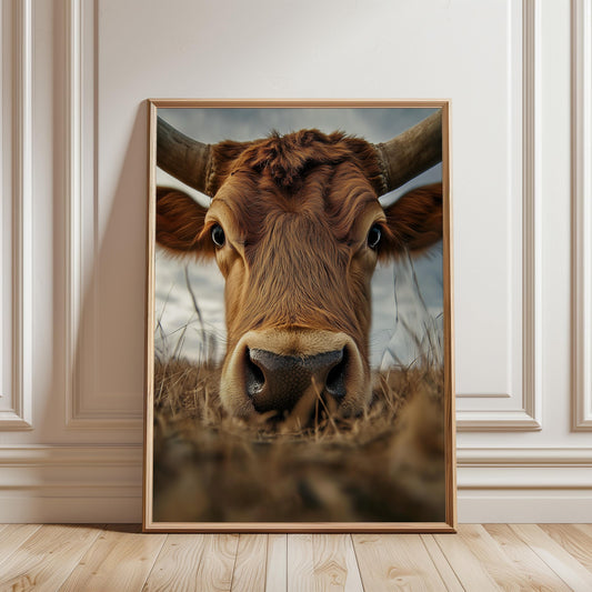 Highland Cow Poster – Rustic Farm Animal Art in Earthy Brown Tones