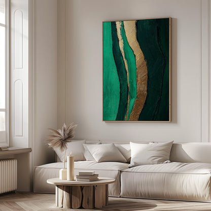 Emerald Green and Gold River Flow Canvas Print, Abstract Textured Giclée Wall Art for Modern Living Room or Bedroom
