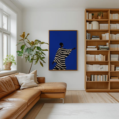 Abstract Silhouette Wall Art Woman in Striped Dress Blue Background Modern Canvas Large Print for Living Room or Bedroom