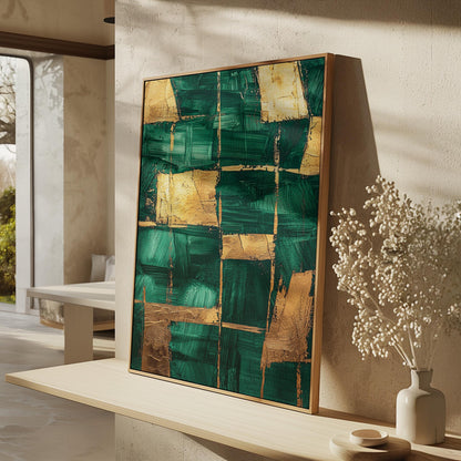 Emerald Green and Gold Abstract Canvas Print, Modern Giclée Wall Art for Dining Room or Elegant Living Space