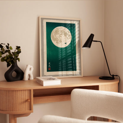 Japanese Moon Art Print – Teal Wall Art with Minimalist Bird Silhouette