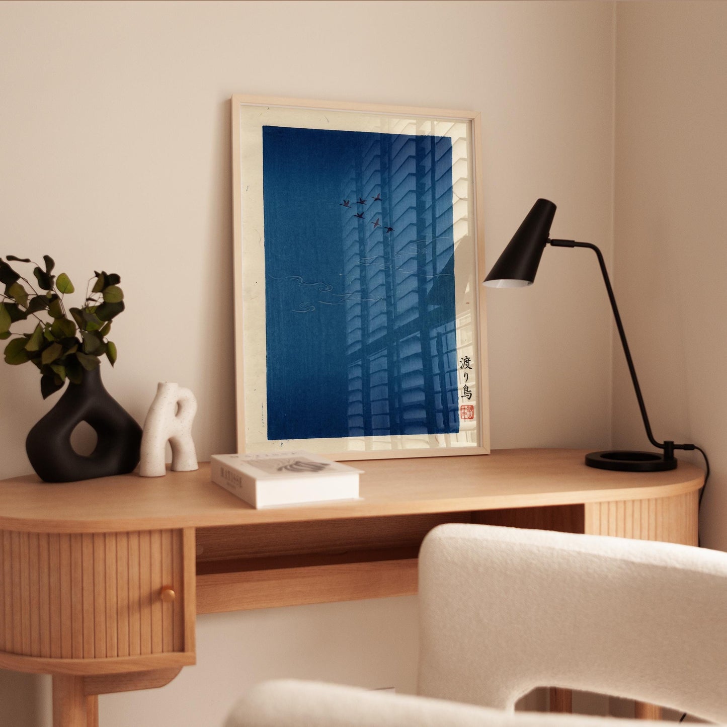 Japanese Bird Art Print – Minimalist Blue Sky Poster With Migrating Flock Design