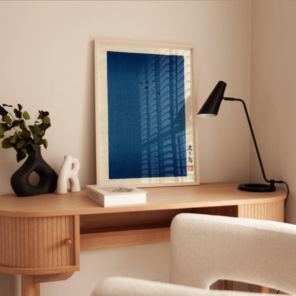 Japanese Bird Art Print – Minimalist Blue Sky Poster With Migrating Flock Design