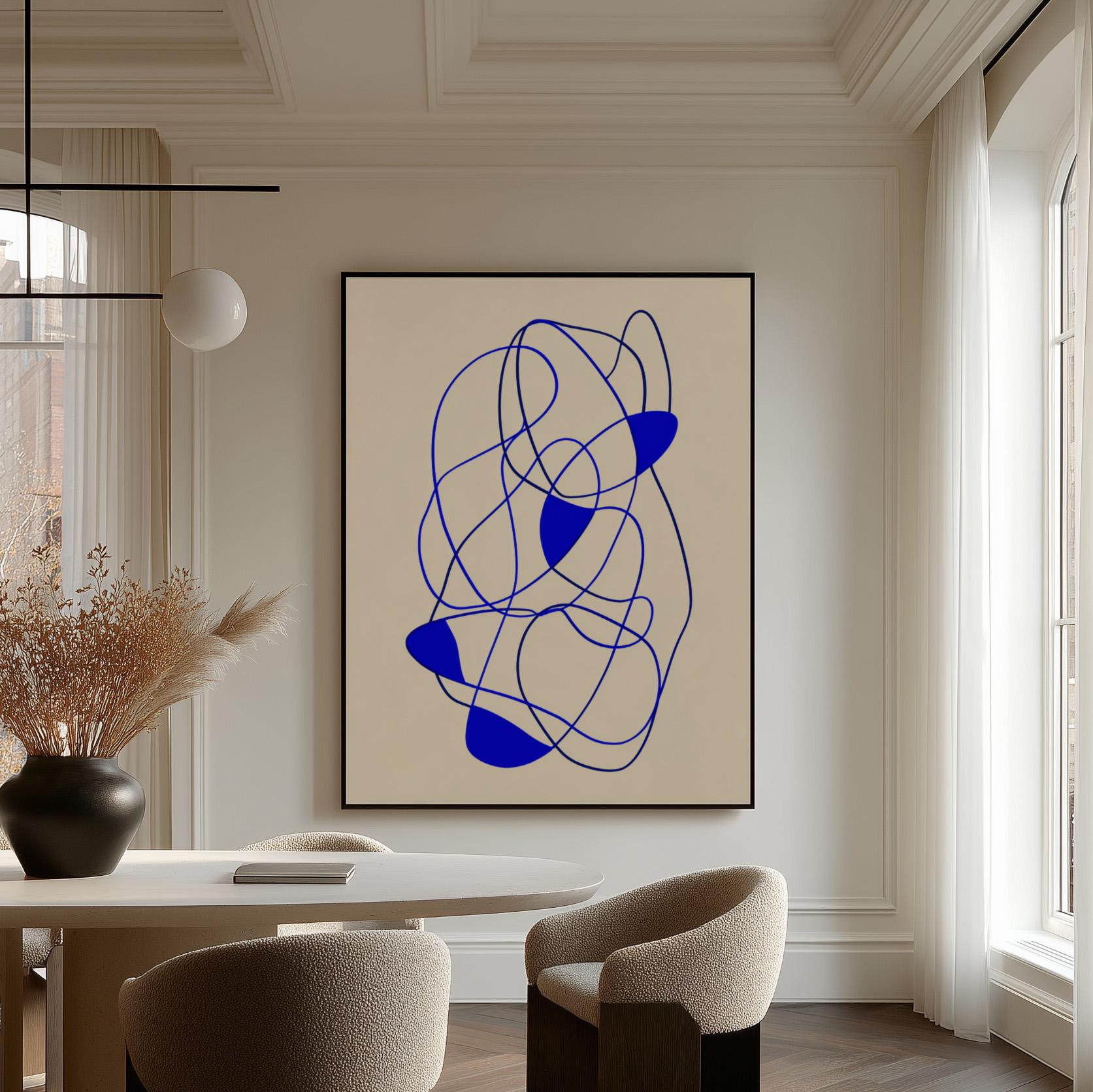 Modern Blue Line Abstract Giclée Canvas Print Minimal Continuous Flow Art for Contemporary Living Room or Office