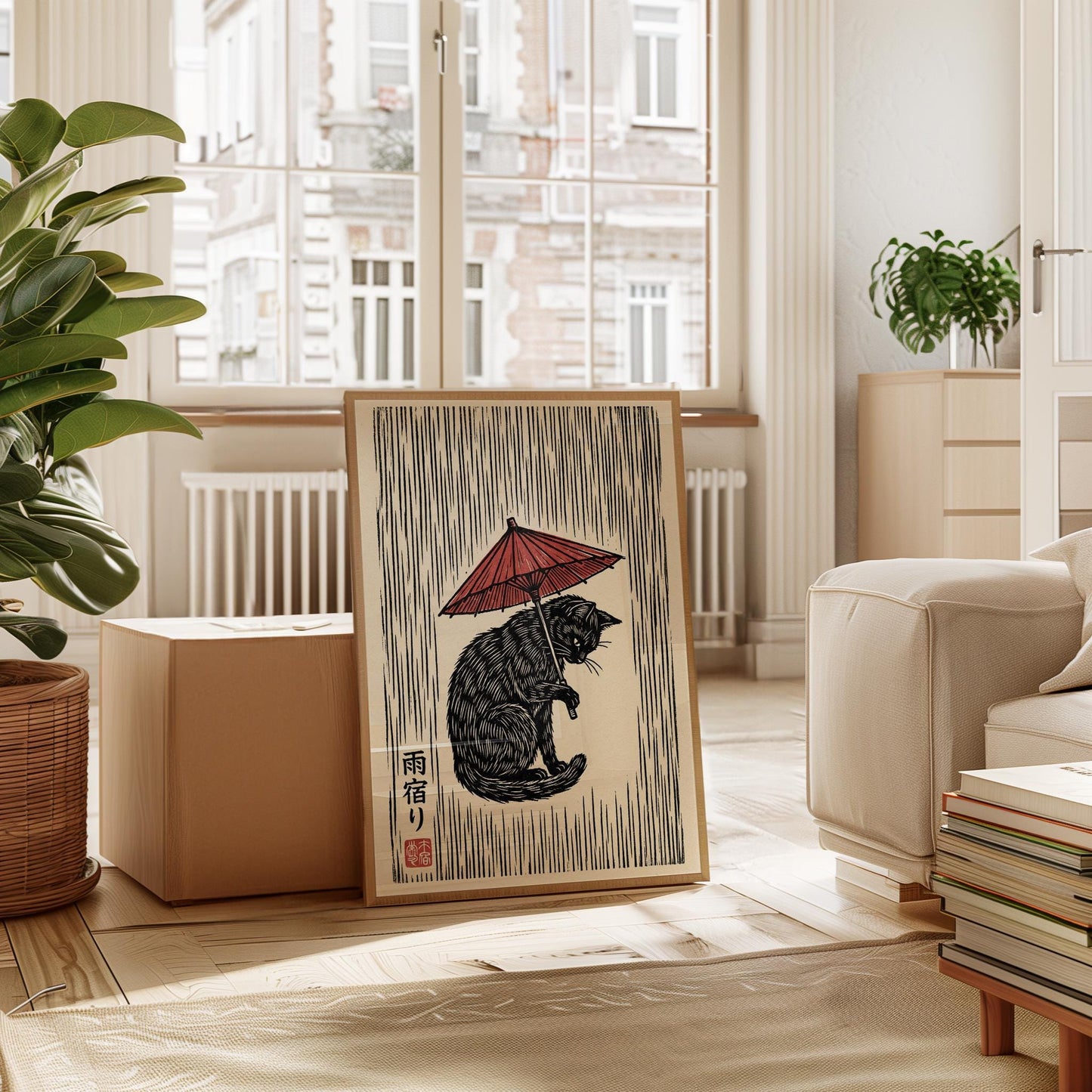 Black Cat Woodblock Print – Japanese Umbrella Art on Fine Art Paper