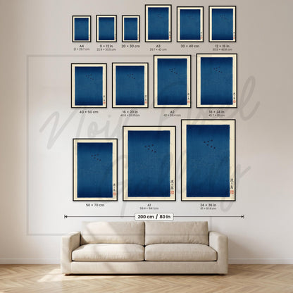 Japanese Bird Art Print – Minimalist Blue Sky Poster With Migrating Flock Design