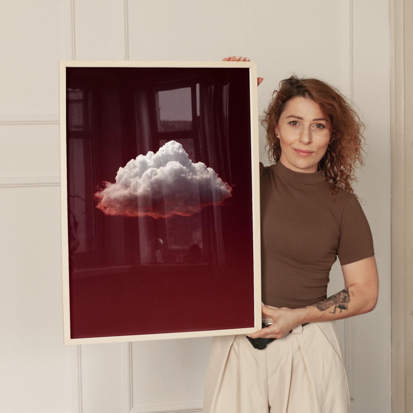 Minimalist Cloud Art Print – Deep Ruby Red Night Sky | Gallery Style Decor