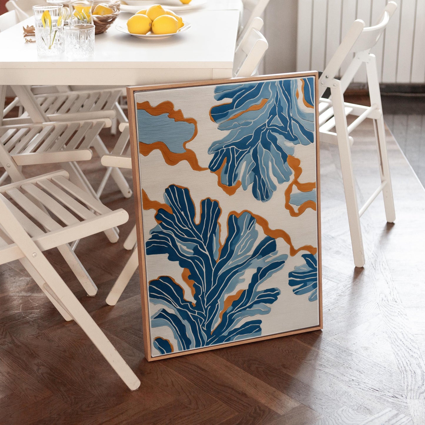 Blue Botanical Abstract Canvas Wall Art with Floating Frame Modern Nature Inspired Print for Living Room or Bedroom