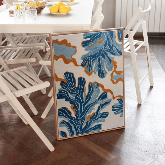 Blue Botanical Abstract Canvas Wall Art with Floating Frame Modern Nature Inspired Print for Living Room or Bedroom