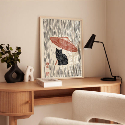 Black Cat Poster – Japanese Ukiyo-e Print With Rain Umbrella Art