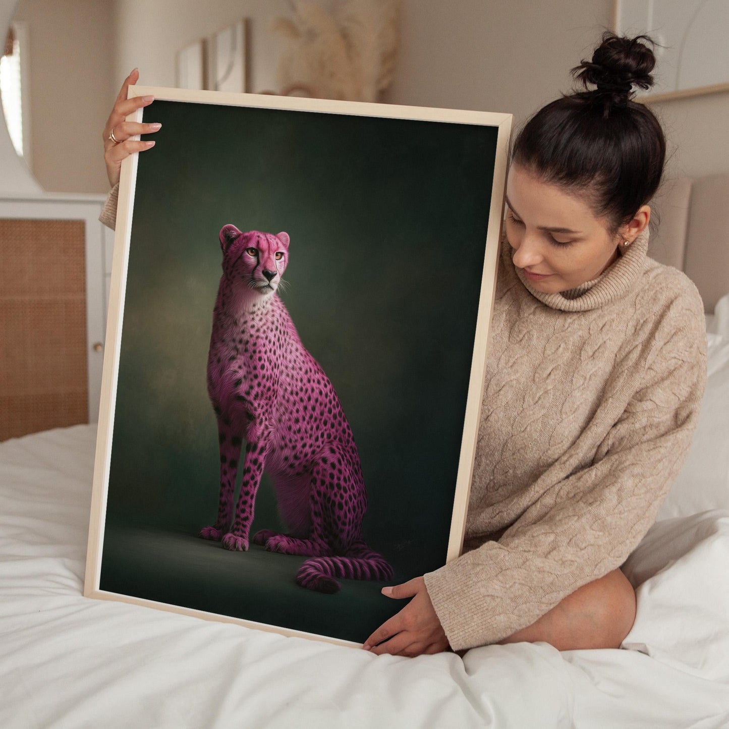 Pink Cheetah Wall Art - Emerald Green Maximalist Framed Canvas Print