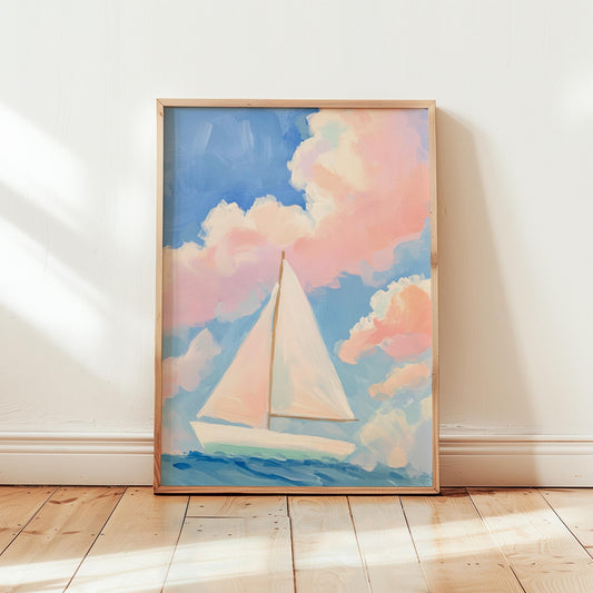 Sailboat Art Print – Nautical Wall Art With Soft Pastel Sky & Calm Ocean Scene