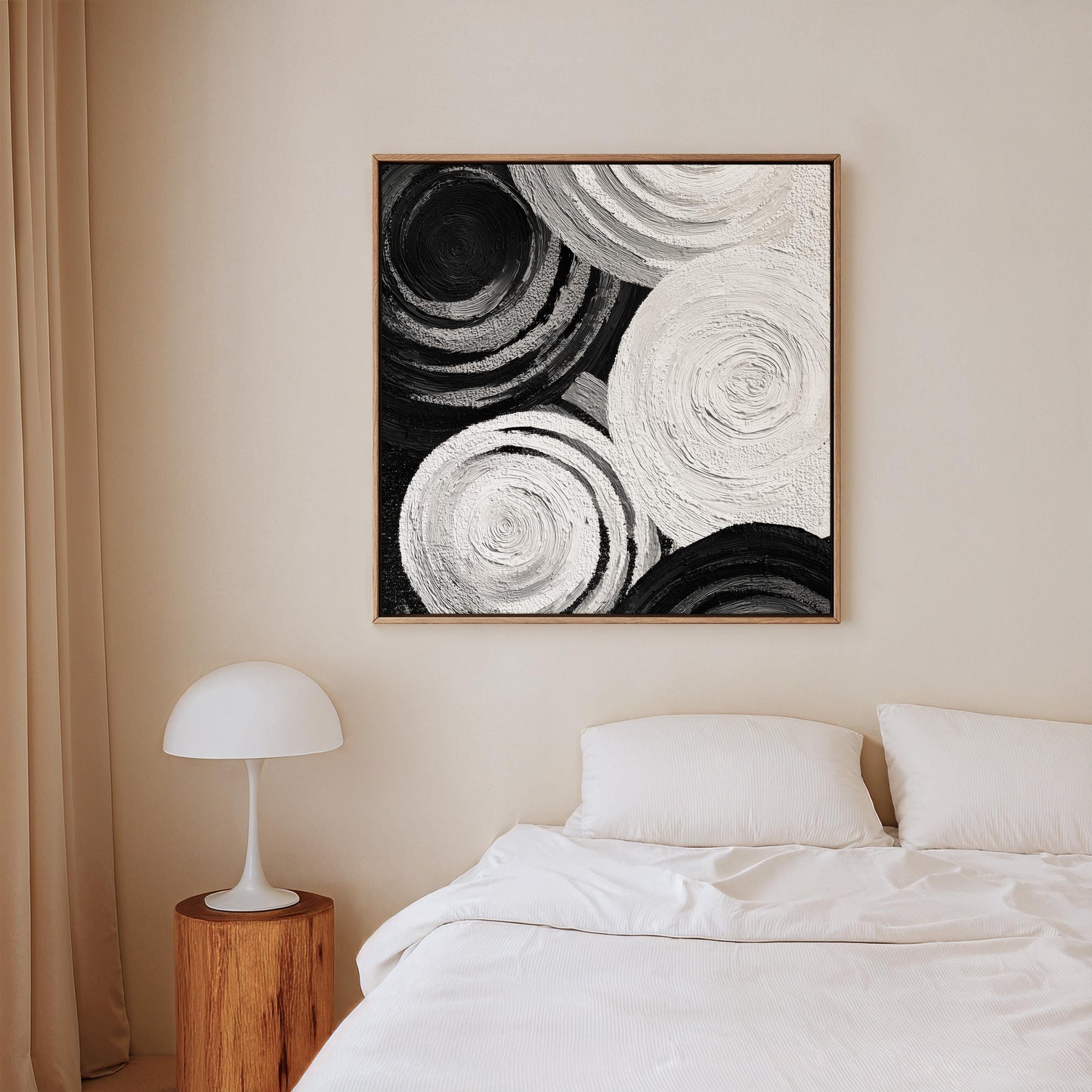Black and White Textured Canvas Wall Art: Large Square Abstract Circles Painting for Modern Interiors