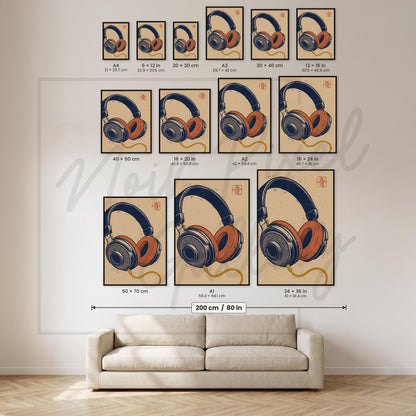 Vintage Headphones Art Print - Retro Music Poster | Navy Orange Artwork