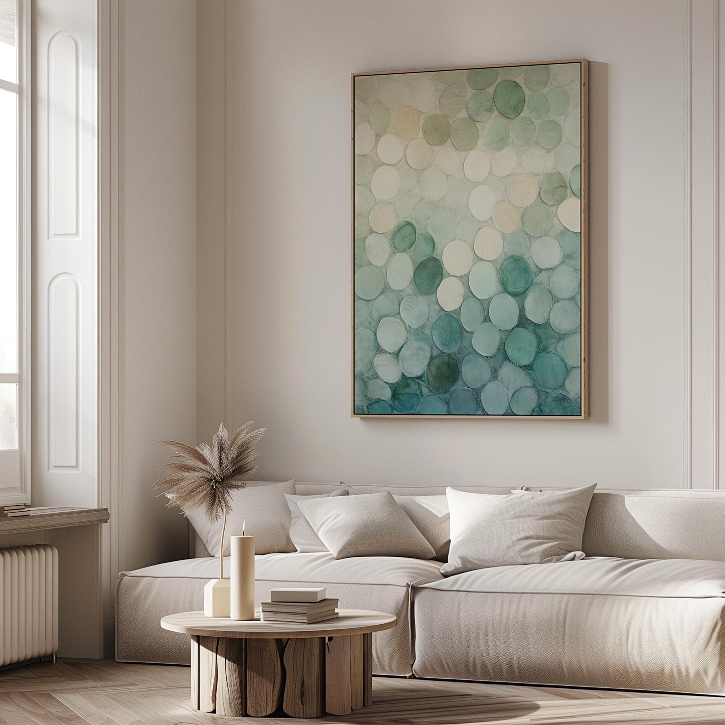 Abstract Circle Canvas - Japandi Wall Art With Green Beige Decor & Floating Wood Frame