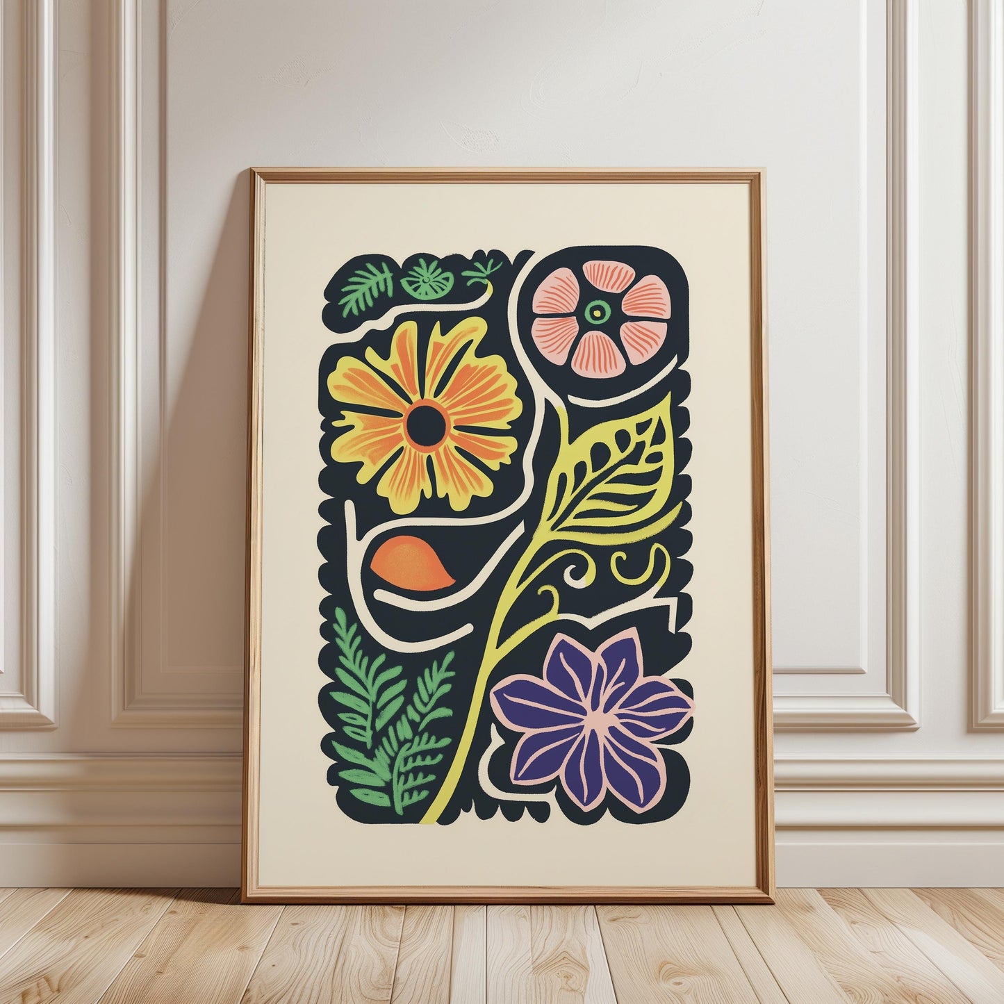 Folk Art Floral Poster – Retro Botanical Art Mid Century Print With Archival Ink