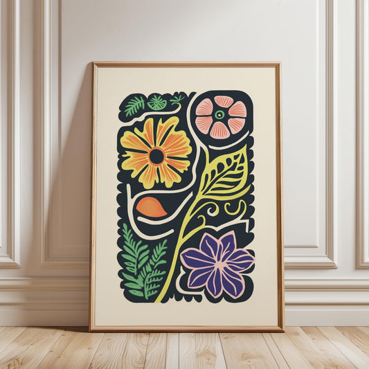 Folk Art Floral Poster – Retro Botanical Art Mid Century Print With Archival Ink