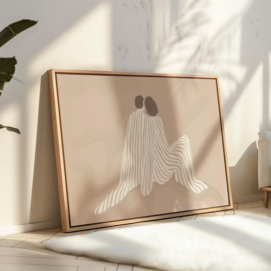 Giclée Canvas Print Beige Couple Embrace Line Art Minimalist Neutral Wall Decor for Bedroom or Living Room Modern Abstract Romance