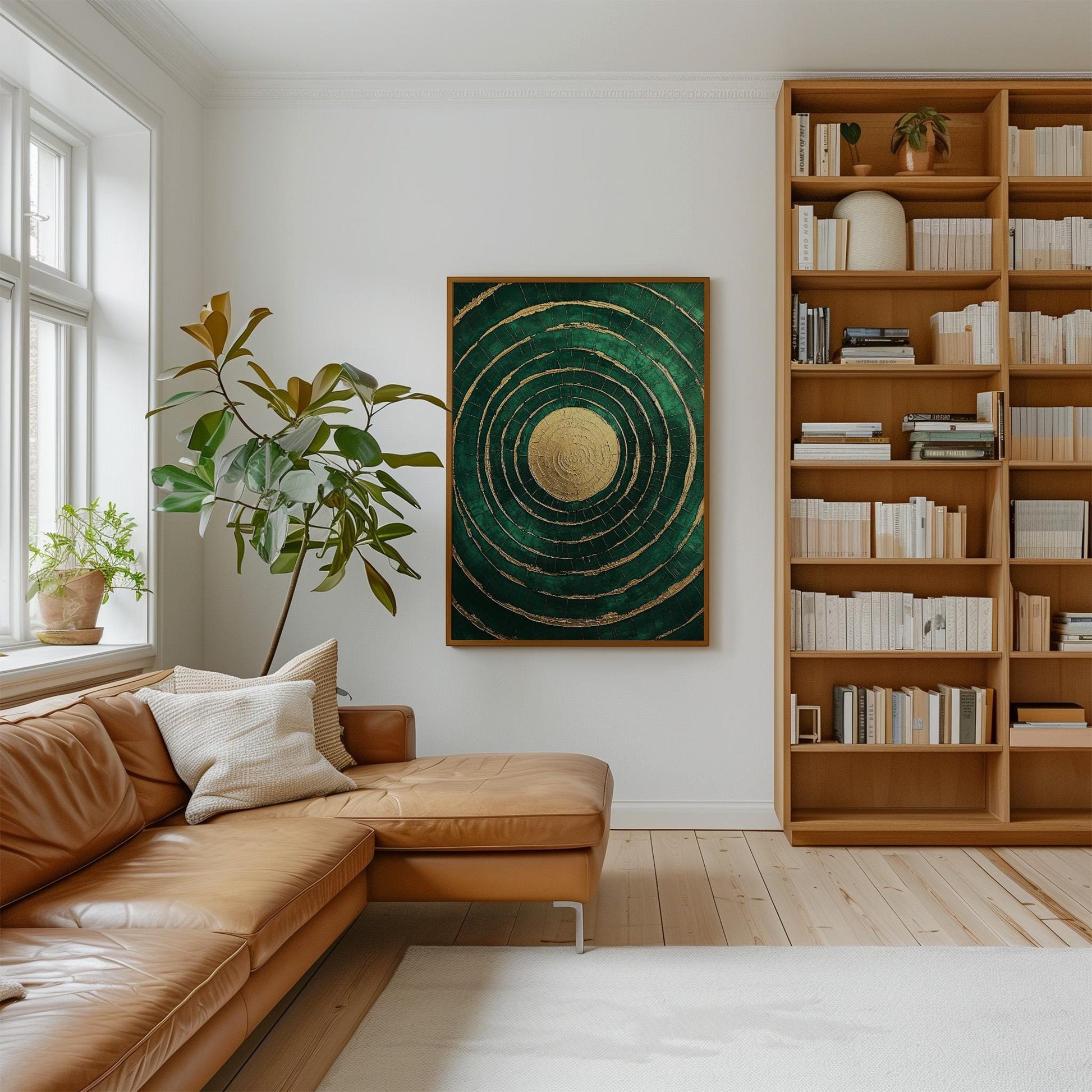 Emerald Gold Circle Canvas Art, Abstract Textured Painting, Modern Giclée Wall Art for Living Room or Office, Luxury Home Decor