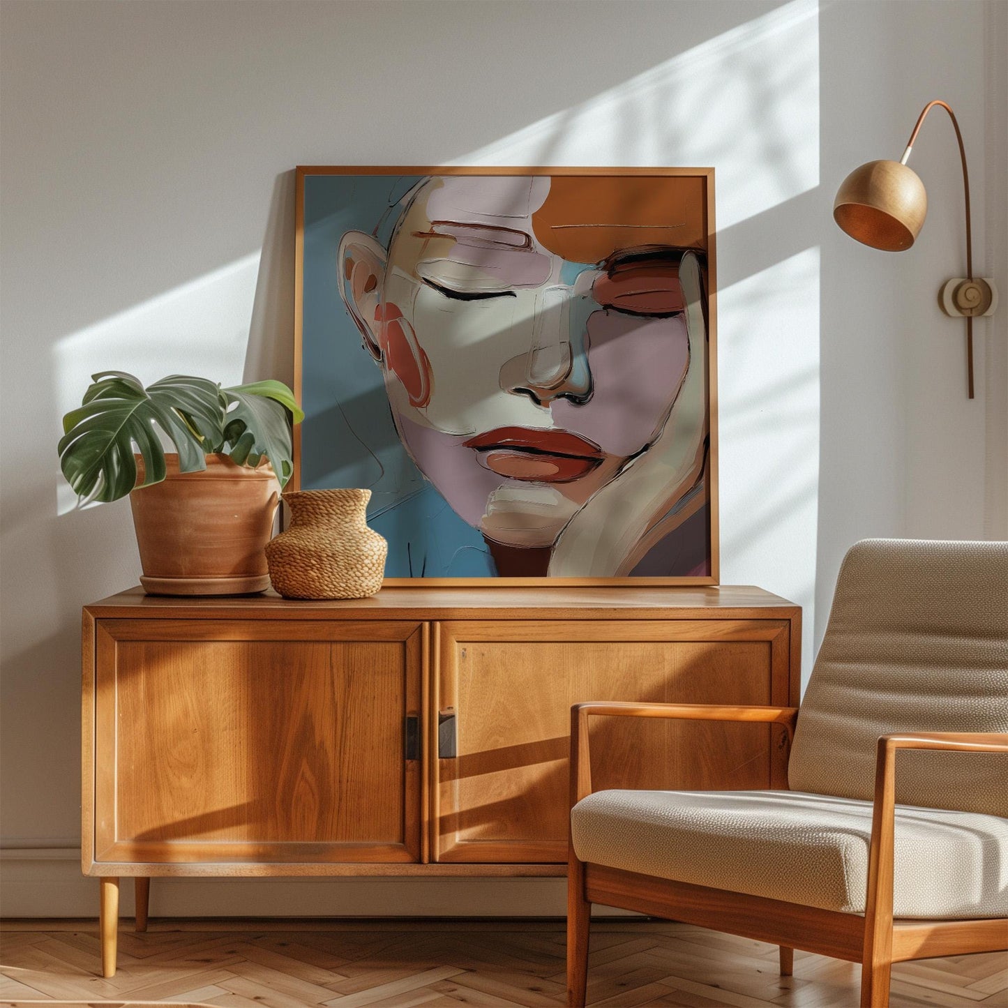 Abstract Face Wall Art - Modern Canvas Portrait With Floating Wood Frame
