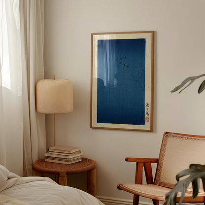 Japanese Bird Art Print – Minimalist Blue Sky Poster With Migrating Flock Design