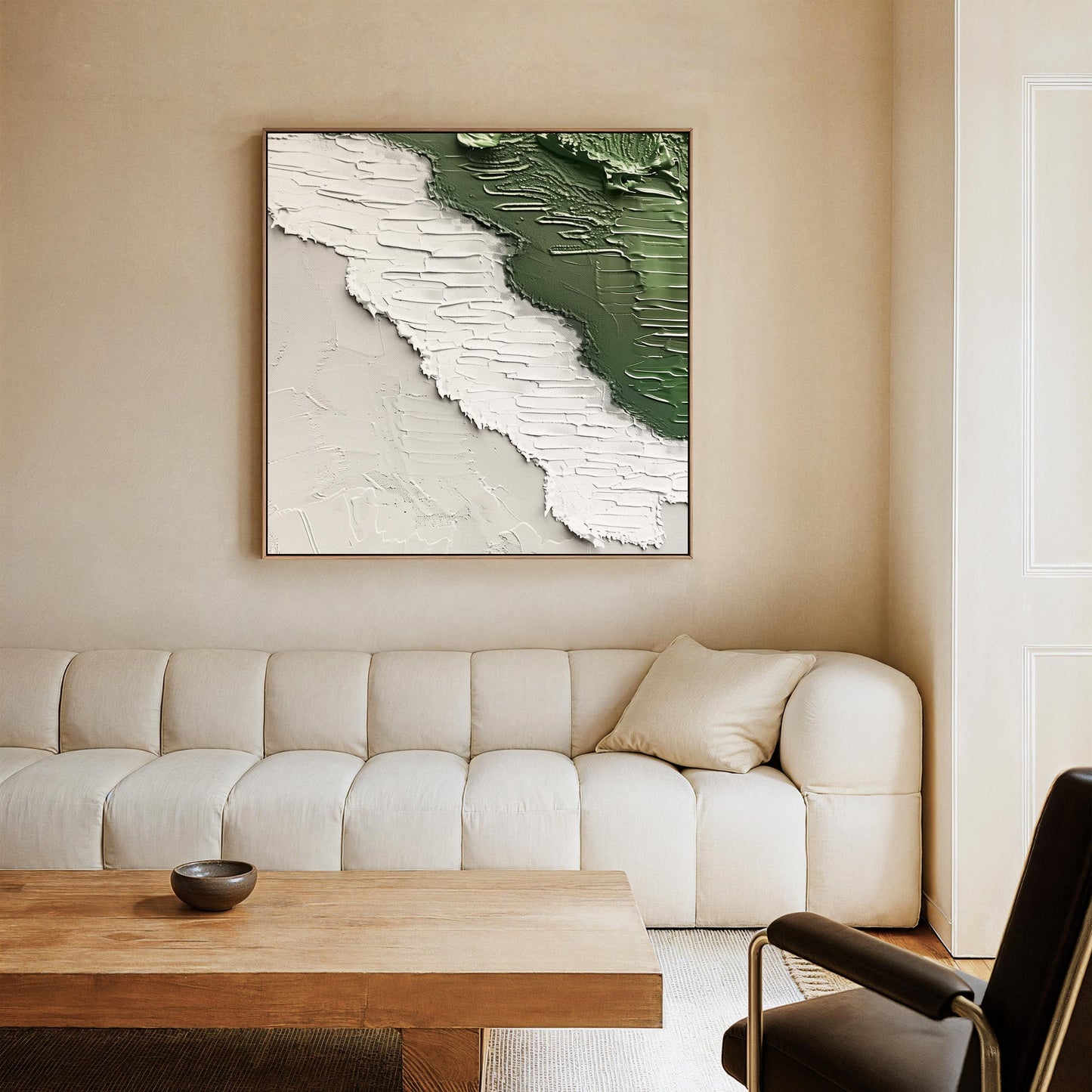Japandi Canvas Art – Abstract Green Beige Textured Floating Frame Canvas