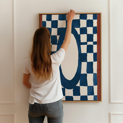 Blue Checkerboard Abstract Canvas Print Modern Geometric Wall Art for Living Room or Bedroom