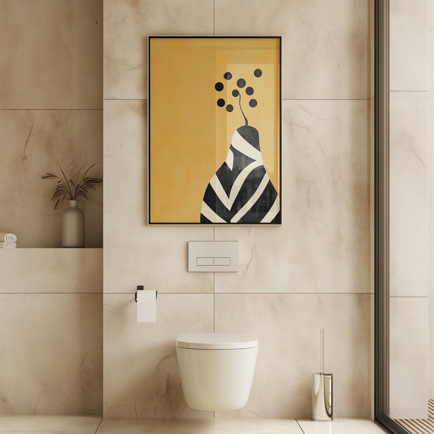 a modern bathroom with a white toilet, a framed abstract artwork on the wall, and a vase with dried flowers on a shelf.