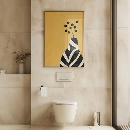 a modern bathroom with a white toilet, a framed abstract artwork on the wall, and a vase with dried flowers on a shelf.