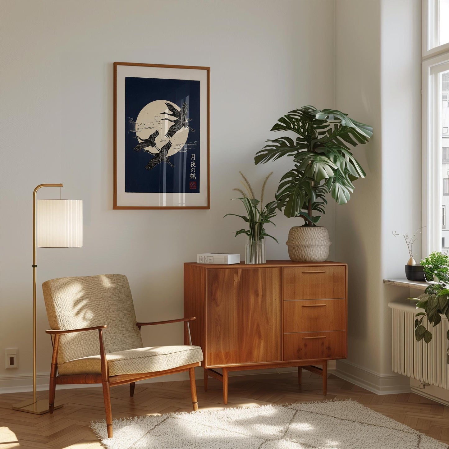 Japanese Crane Art Print – Linocut Style Moon & Crane Artwork on Navy Gold Wall Decor