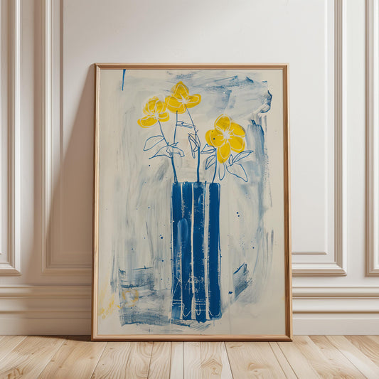 Floral Wall Art Print – Yellow Flower Print with Blue Vase Poster, Abstract Botanical Art