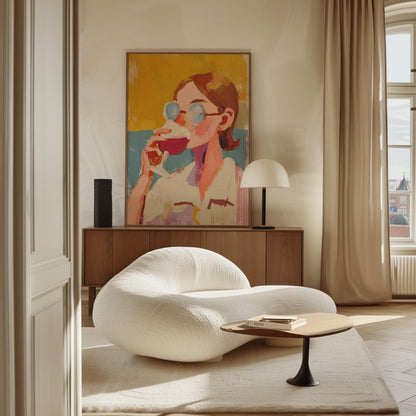 Figurative Canvas Wall Art Woman with Sunglasses Drinking Wine Colorful Abstract Framed Painting