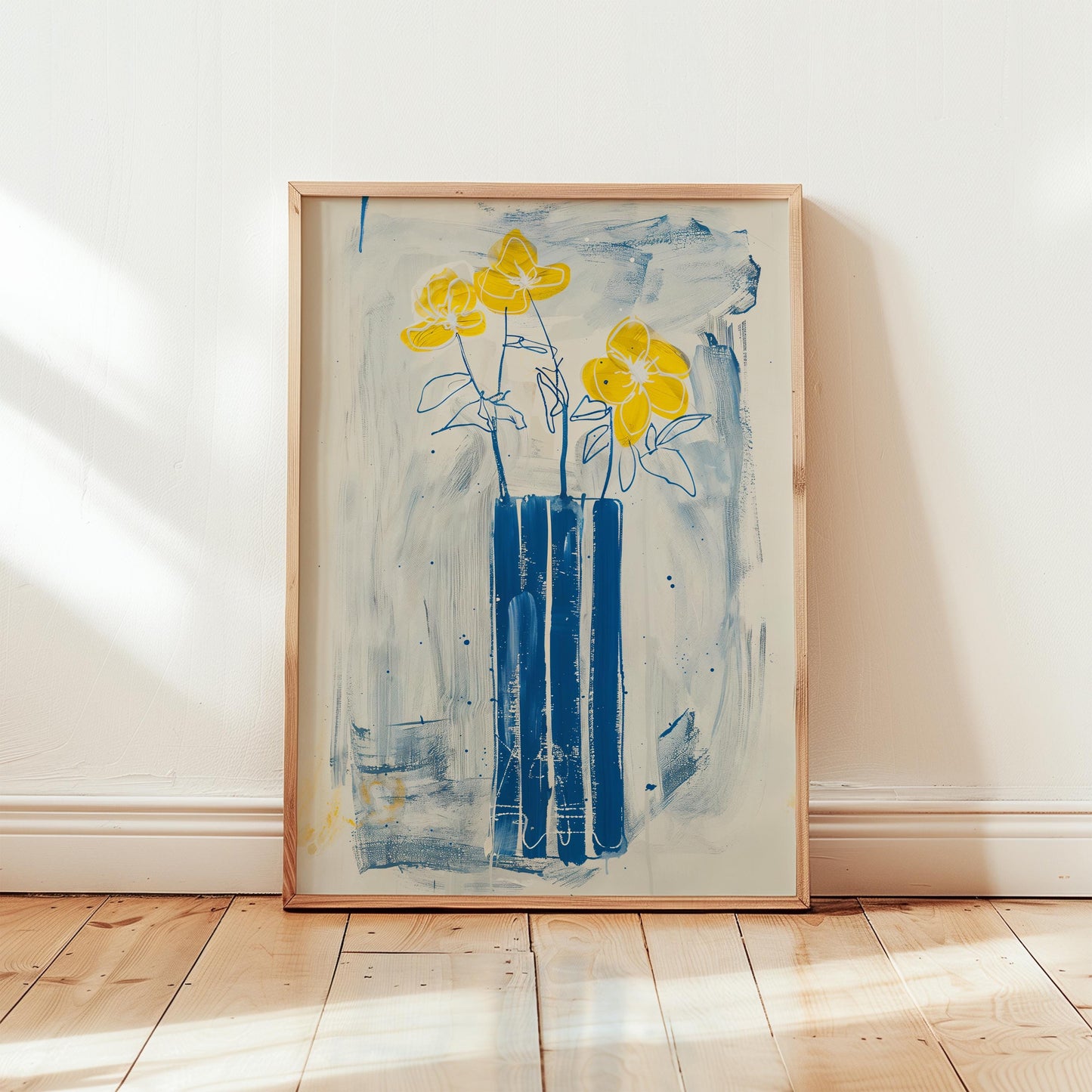 Floral Wall Art Print – Yellow Flower Print with Blue Vase Poster, Abstract Botanical Art