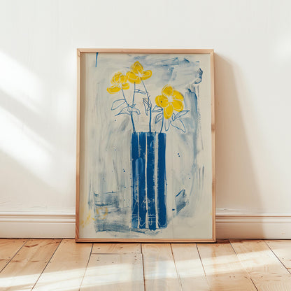 Floral Wall Art Print – Yellow Flower Print with Blue Vase Poster, Abstract Botanical Art