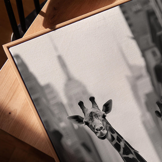 Black and White Canvas Wall Art Giraffe in City Street with Empire State Building Framed Print