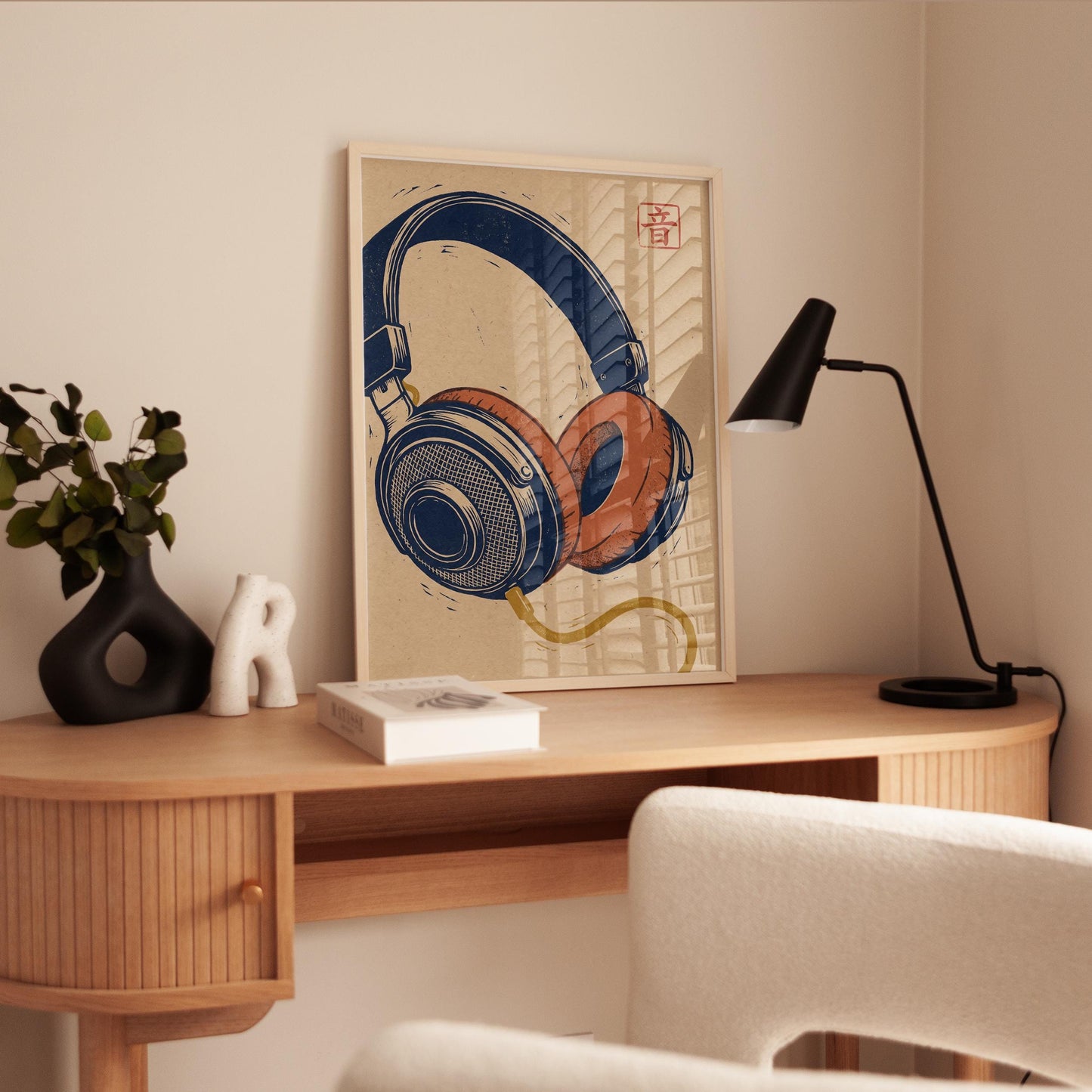 Vintage Headphones Art Print - Retro Music Poster | Navy Orange Artwork