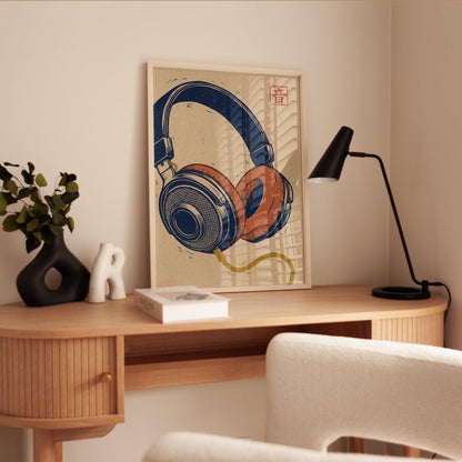 Vintage Headphones Art Print - Retro Music Poster | Navy Orange Artwork