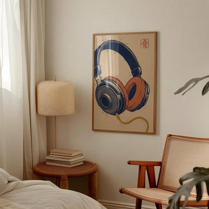 Vintage Headphones Art Print - Retro Music Poster | Navy Orange Artwork