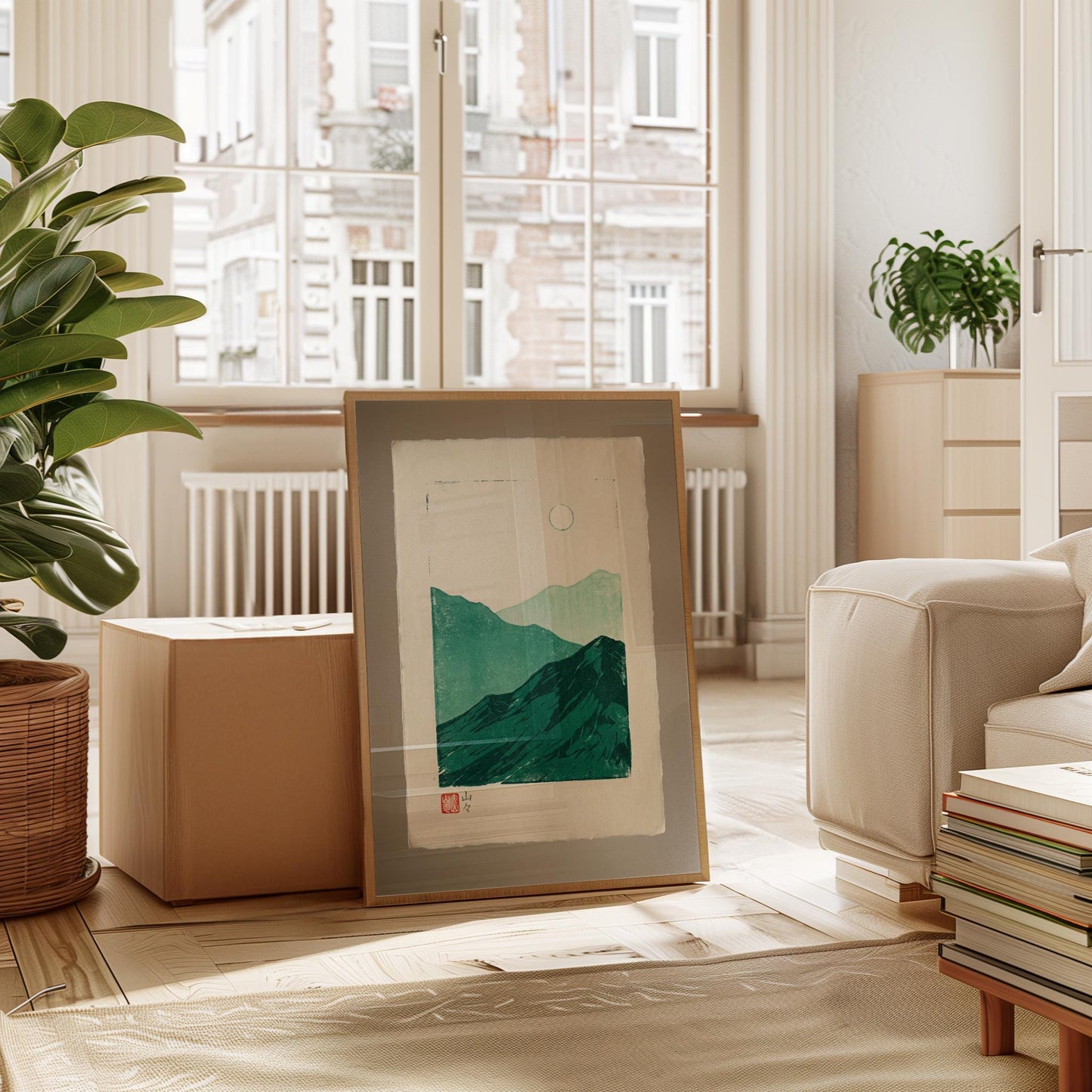Japanese Woodblock Print – Mountain Landscape Art | Teal Green Minimalist Poster