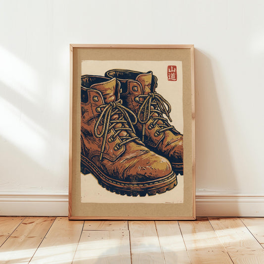 Hiking Boots Wall Art - Vintage Woodblock Print Poster with Earthy Tones