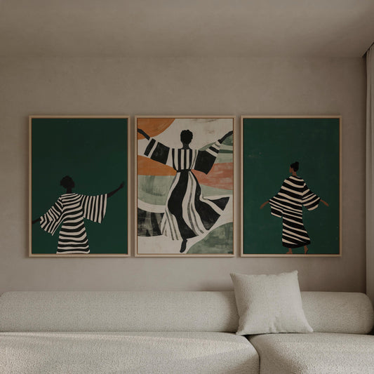 Emerald Green Abstract People Canvas Art Set of 3: Modern Triptych