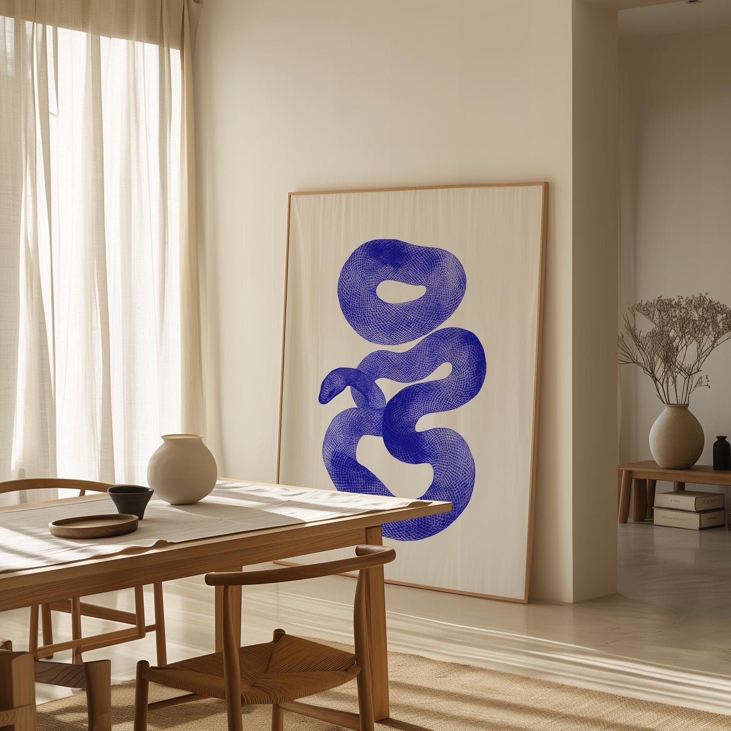 Abstract Blue Serpent Canvas Print Modern Minimalist Wall Art for Living Room or Office Decor