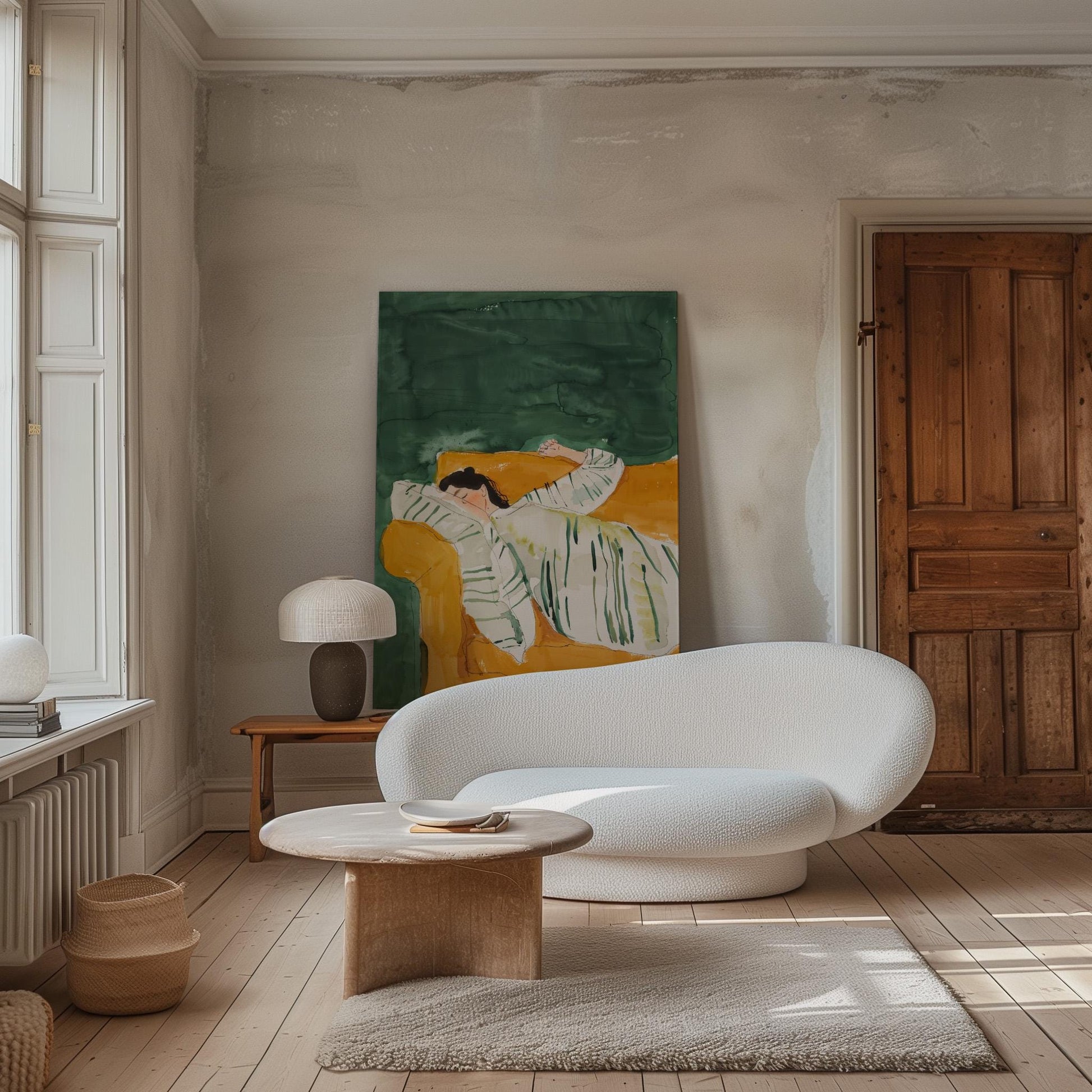 Green and Yellow Figurative Canvas Wall Art with Floating Frame Relaxing Modern Painting for Living Room Decor