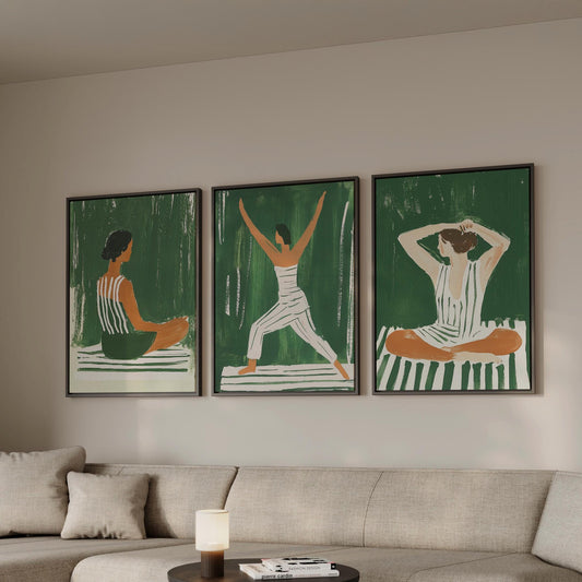 Green Yoga Woman Canvas Prints - Set of 3 Fitness Modern Figurative Art