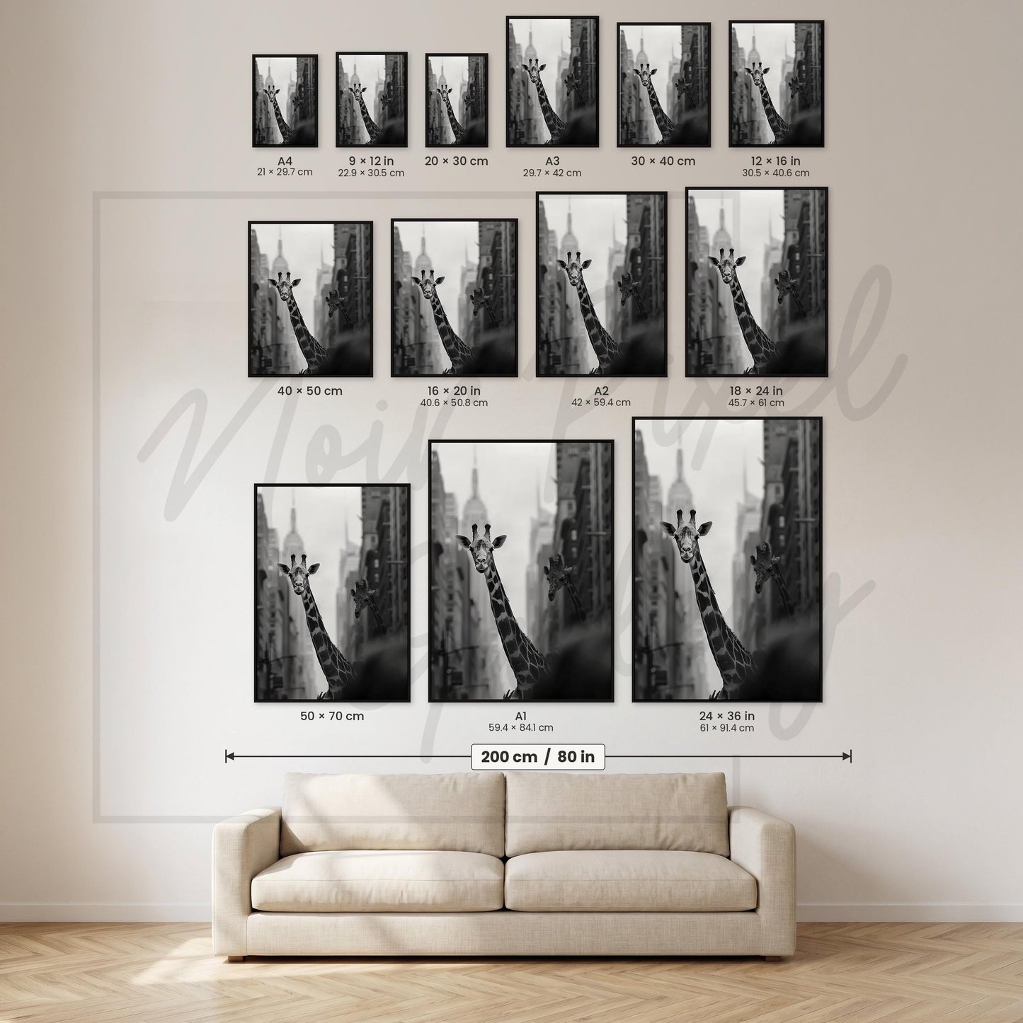 Giraffe Wall Art – Monochrome Urban Wildlife Poster on Fine Art Paper Print
